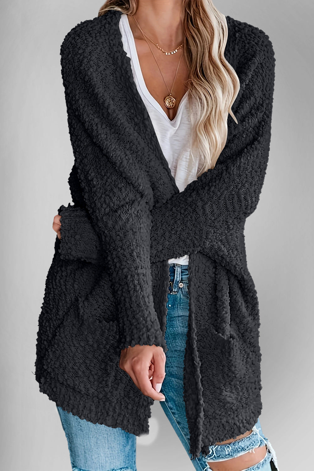 Double Take Pocketed Open Front Long Sleeve Cardigan - ClassiQ