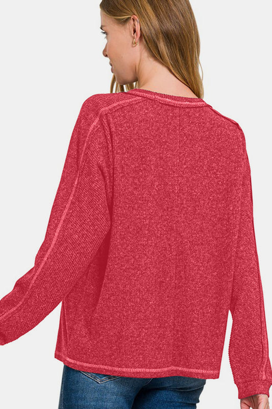 Zenana Full Size Contrast Stitching Brushed Ribbed Hacci Knit Top - Classique Collection