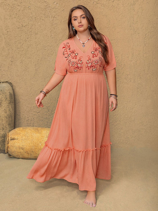 Plus Size Frill Embroidered V-Neck Half Sleeve Maxi Dress - Classique Collection