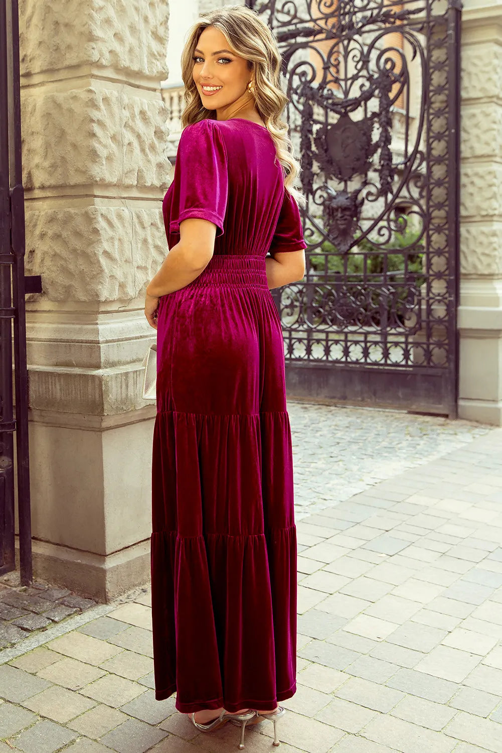 Tiered Notched Short Sleeve Dress with Pockets - Classique Collection