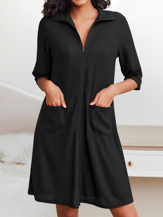 Waffle-Knit Zip Up Half Sleeve Dress - Classique Collection