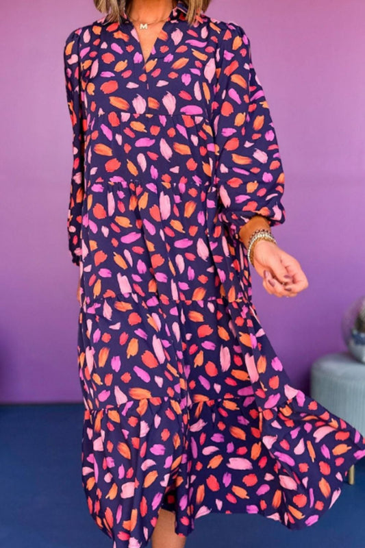 Printed Notched Long Sleeve Dress - Classique Collection