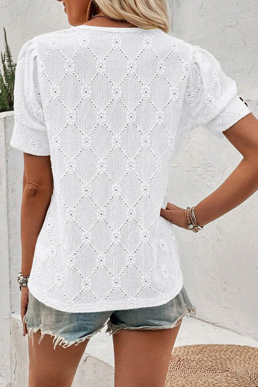 White Flower Geometric Textured Button Short Sleeve Top ClassiQ