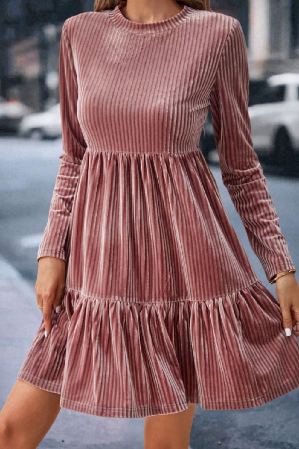 Ruffle Hem Round Neck Long Sleeve Dress - Classique Collection