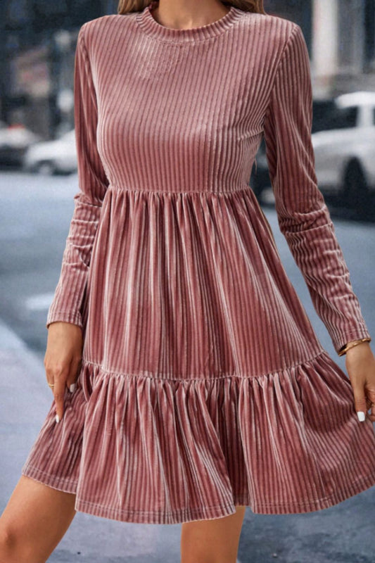 Ruffle Hem Round Neck Long Sleeve Dress - Classique Collection