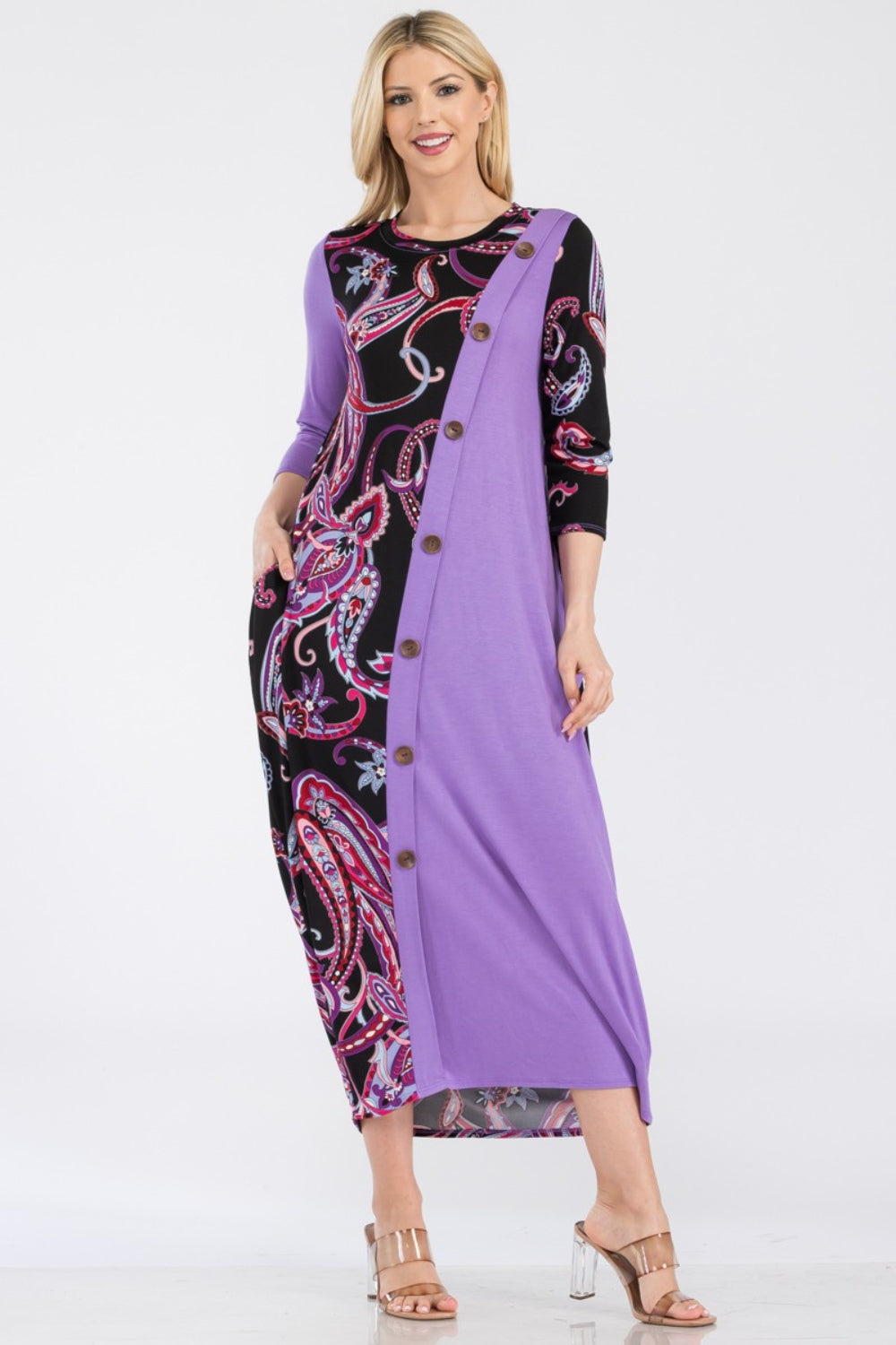 Celeste Full Size Paisley Contrast Midi Dress with Pockets - Classique Collection