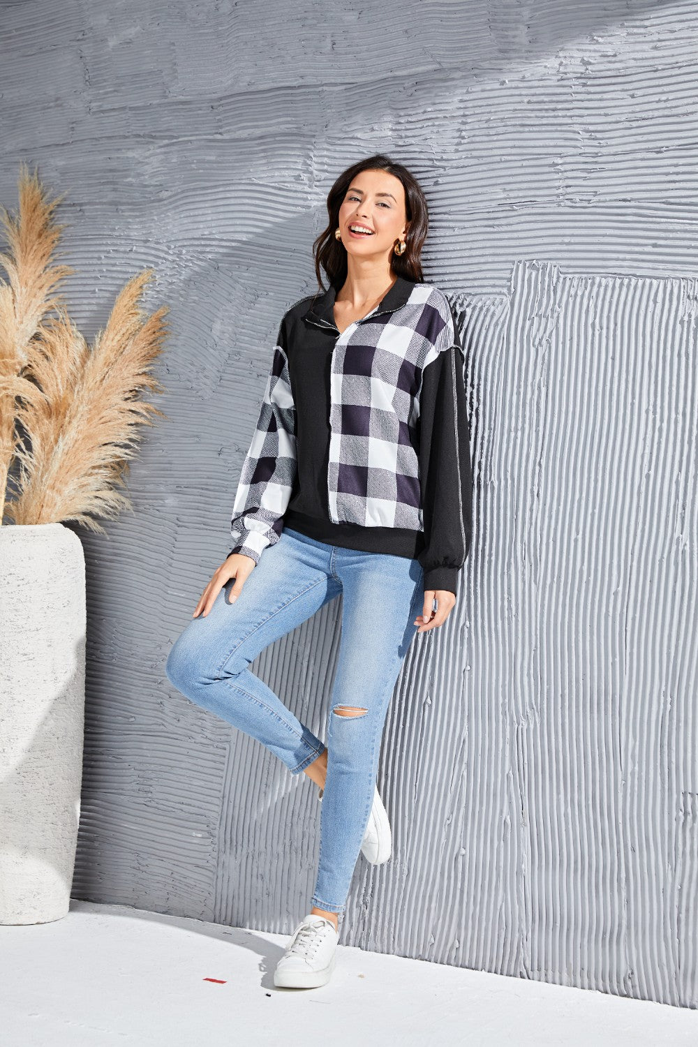Plaid Exposed Seam Long Sleeve Blouse - Classique Collection