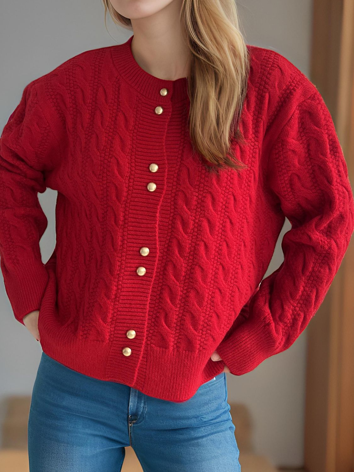 Cable-Knit Round Neck Long Sleeve Cardigan - ClassiQ