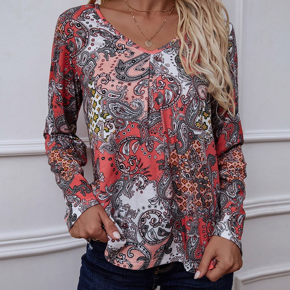 Shiny Printed V-Neck Long Sleeve Blouse - ClassiQ