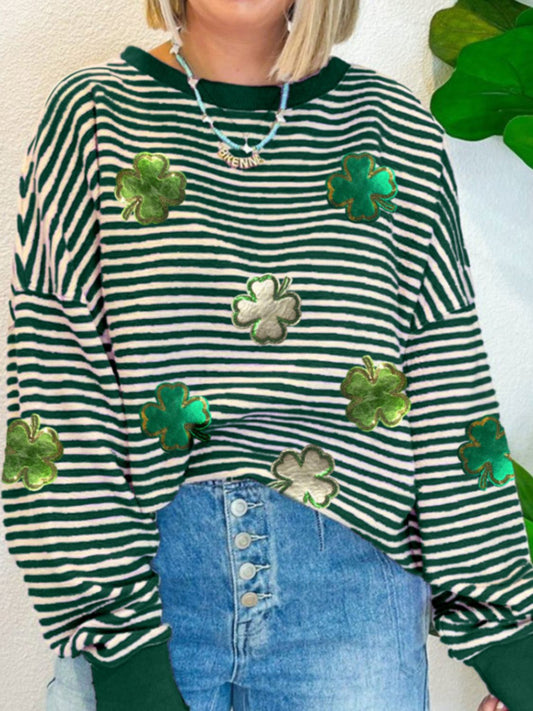 Stripe Lucky Clover Drop Shoulder Sweatshirt - ClassiQ