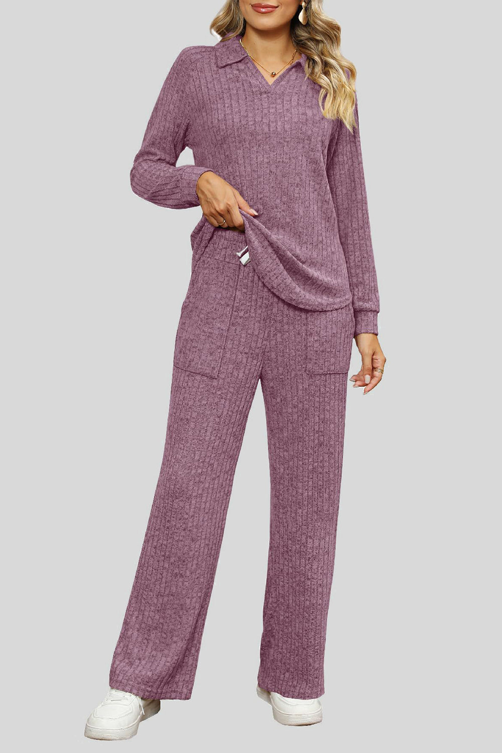 Ribbed Long Sleeve Top and Pocketed Pants Set - ClassiQ