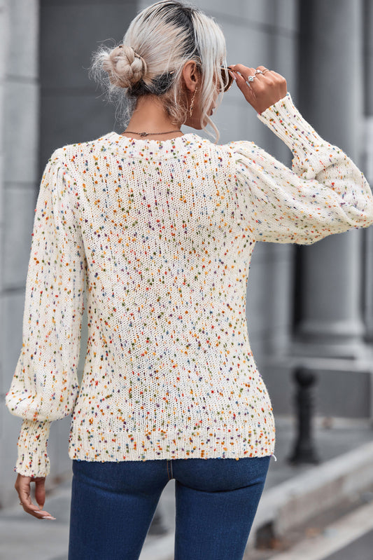 Heathered Round Neck Lantern Sleeve Sweater - ClassiQ