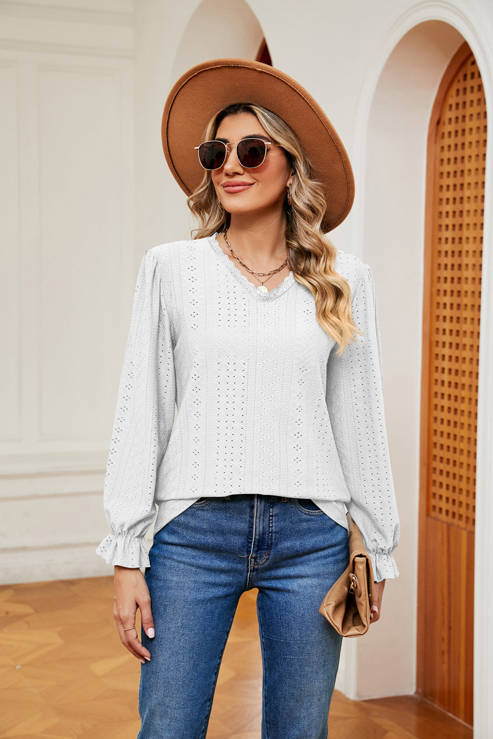 V-Neck Flounce Sleeve Blouse - Classique Collection