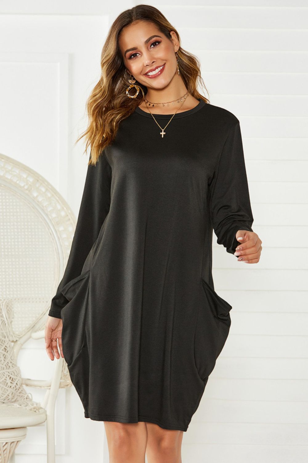 Pocketed Round Neck Long Sleeve Dress - Classique Collection