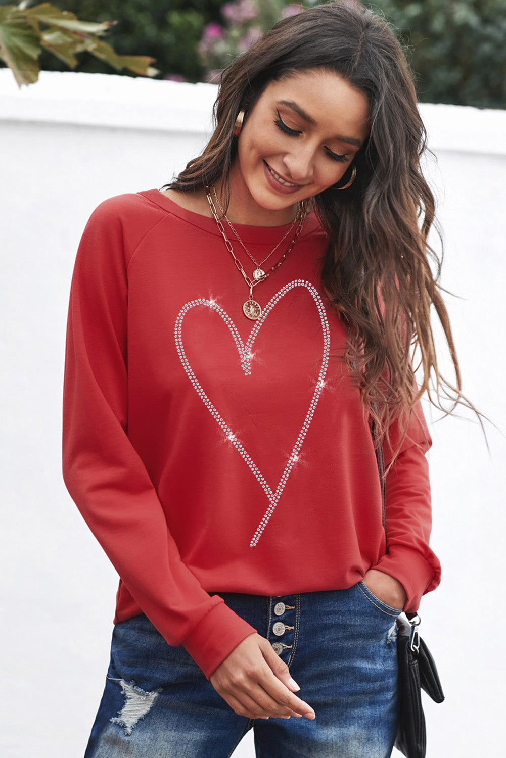 Heart Round Neck Long Sleeve Sweatshirt - ClassiQ