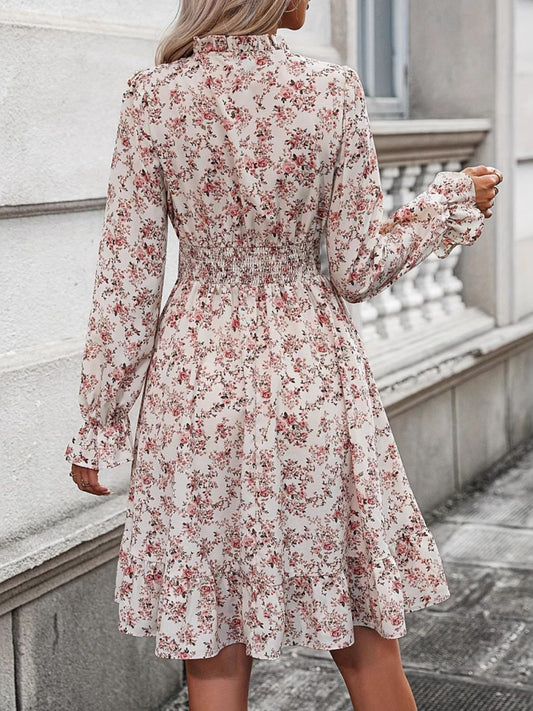 Ruffle Hem Floral Surplice Long Sleeve Dress - Classique Collection