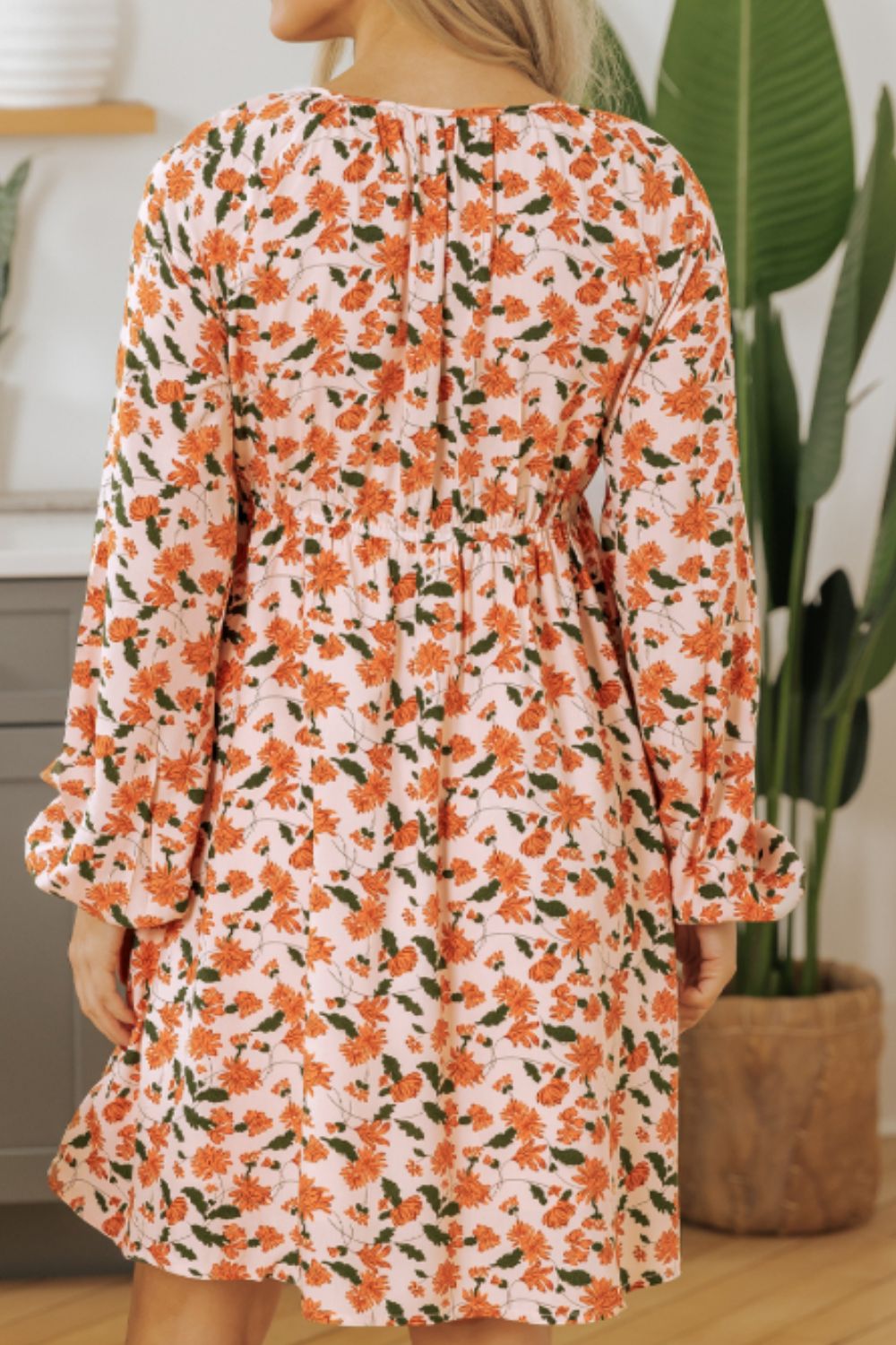 Smocked Printed V-Neck Long Sleeve Dress - Classique Collection