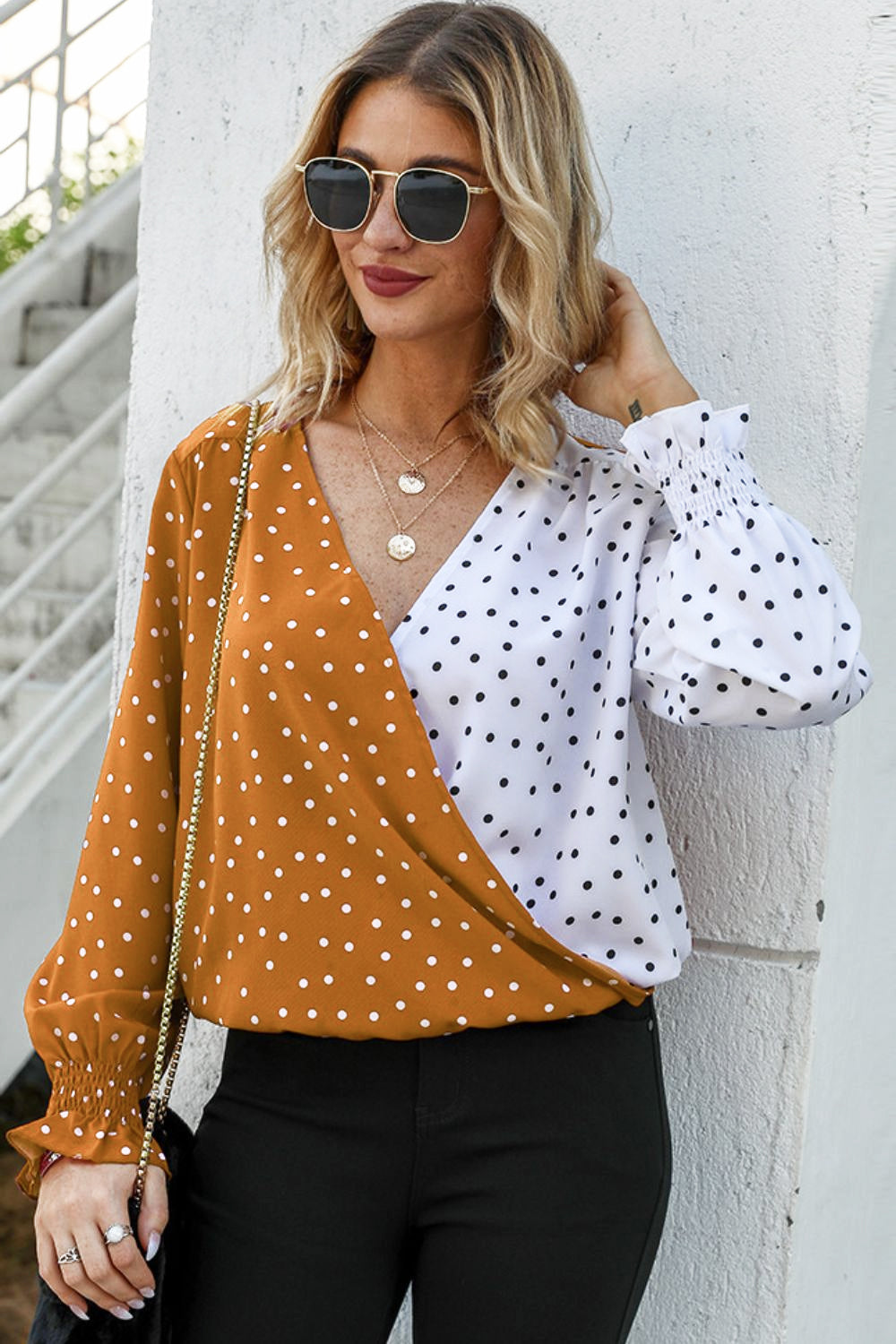 Ivy Lane Polka Dot Surplice Neck Lantern Sleeve Blouse - Classique Collection