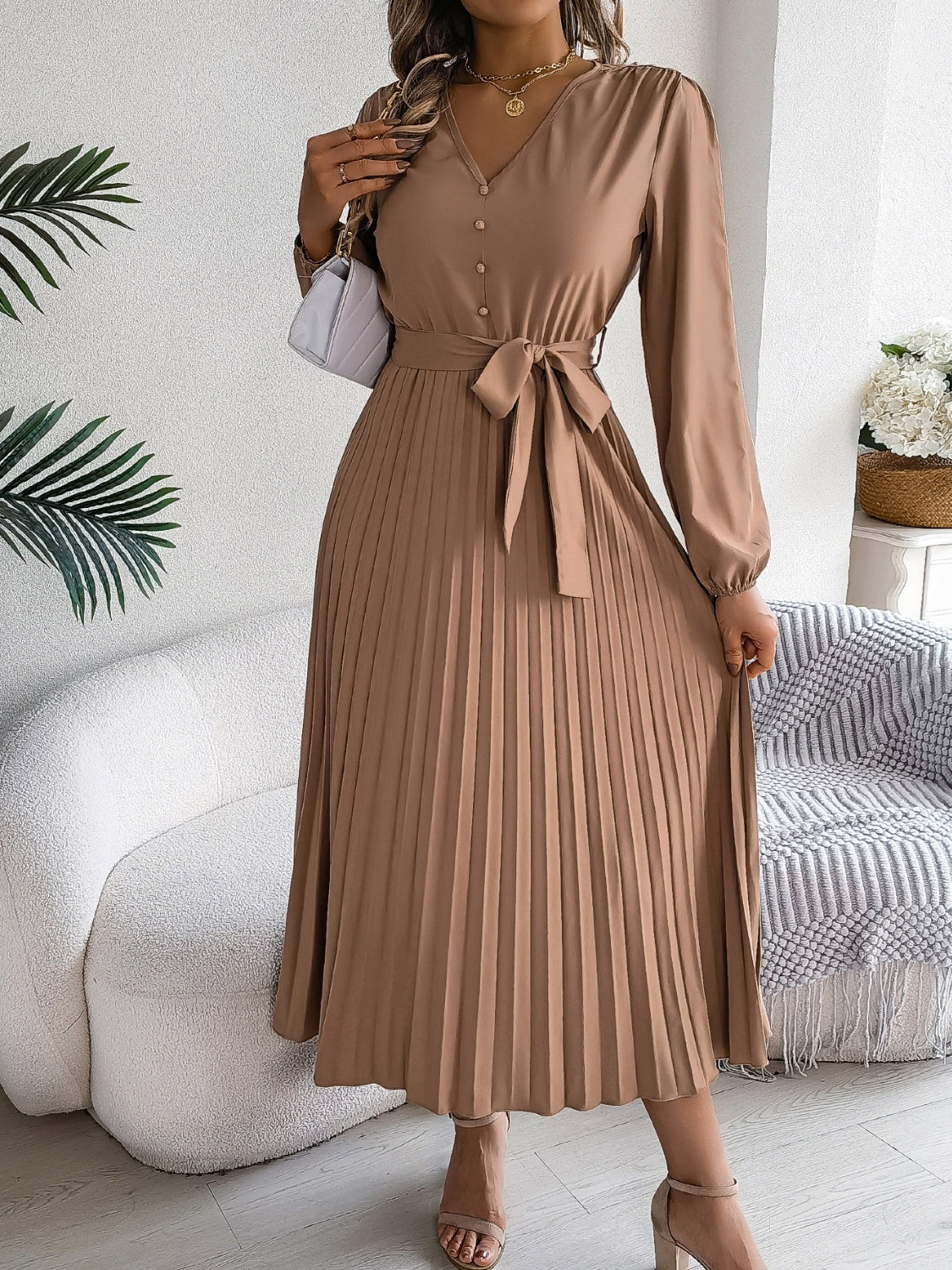 Pleated Tied V-Neck Long Sleeve Dress - Classique Collection