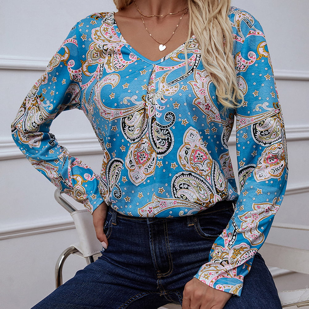 Shiny Printed V-Neck Long Sleeve Blouse - ClassiQ