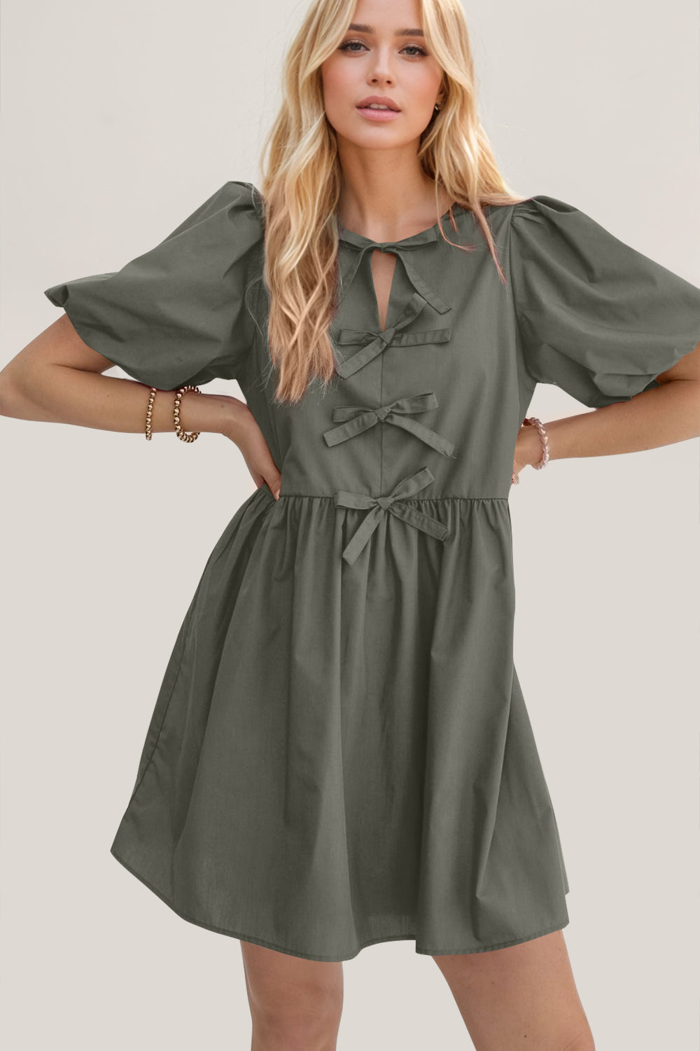 Oh Bow Ruched Puff Sleeve Mini Dress - Classique Collection