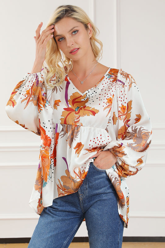 Printed V-Neck Smocked Balloon Sleeve Blouse - Classique Collection