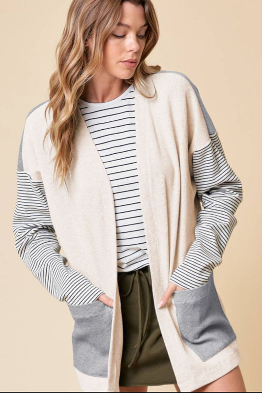 Open Front Long Sleeve Striped Cardigan with Pockets - Classique Collection
