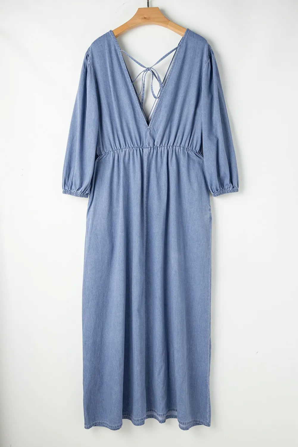 Tied Plunge Three-Quarter Sleeve Denim Dress - Classique Collection