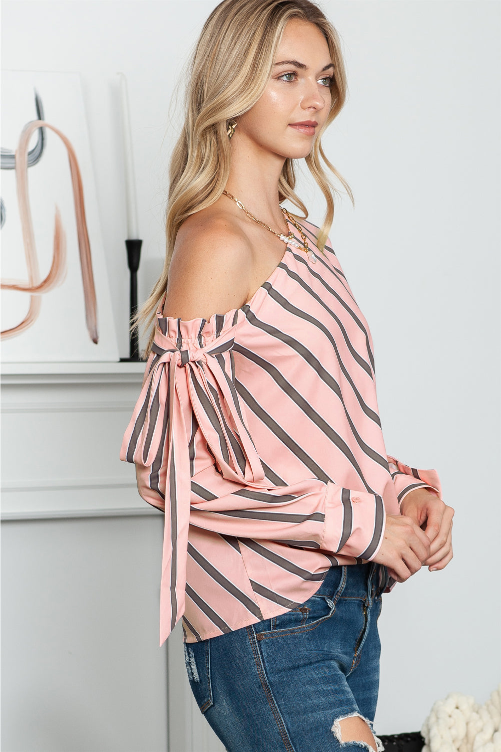 Striped Asymmetrical Long Sleeve Blouse - Classique Collection