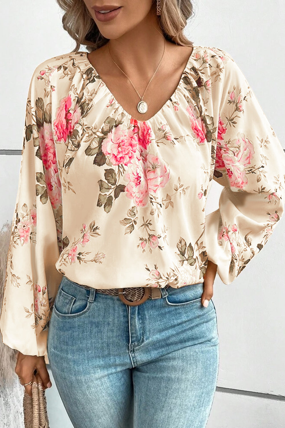 Floral V-Neck Balloon Sleeve Blouse - Classique Collection