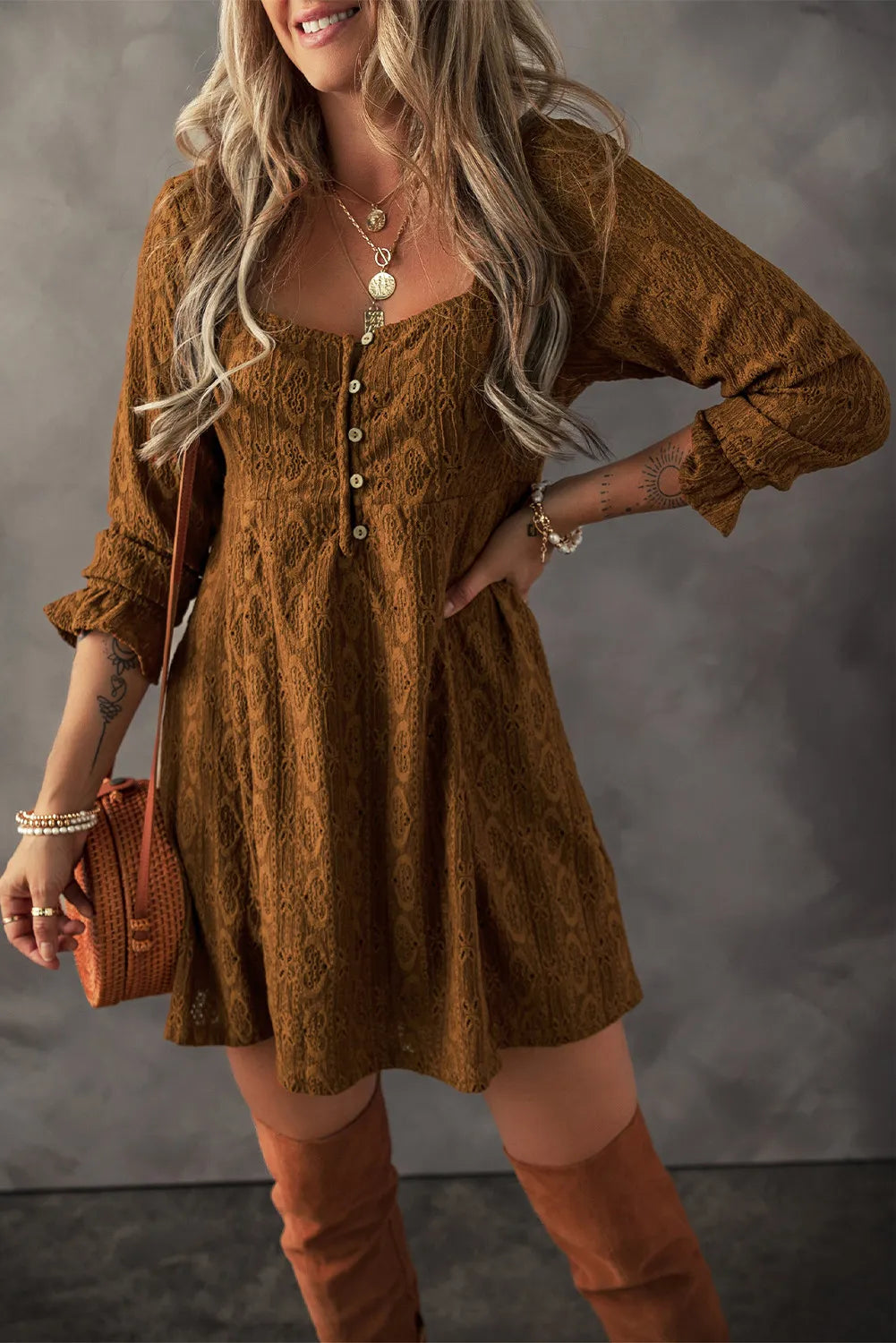 Textured Square Neck Mini Dress - Classique Collection