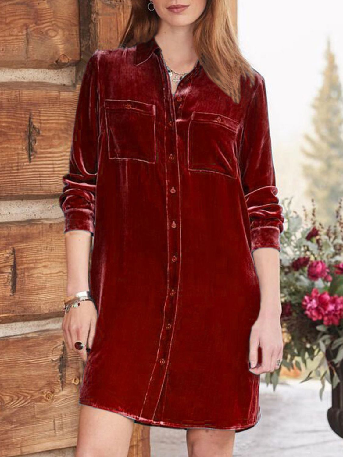 High-Low Button Up Long Sleeve Knee Length Dress - Classique Collection