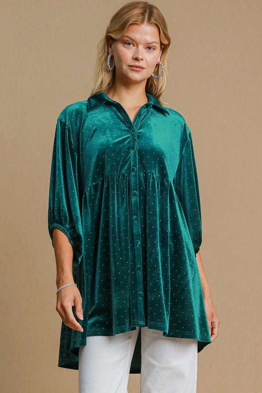 Umgee Full Size Polka Dot Collared Neck Button Up Shirt - Classique Collection
