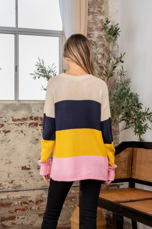 Sew In Love Full Size Color Block Exposed Seam Sweater - ClassiQ