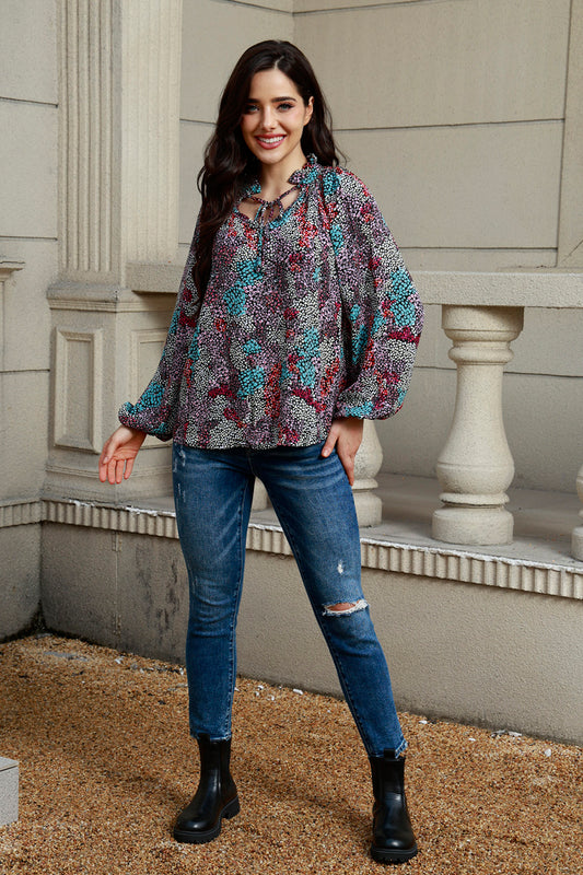 Tie Neck Heathered Balloon Sleeve Blouse - Classique Collection