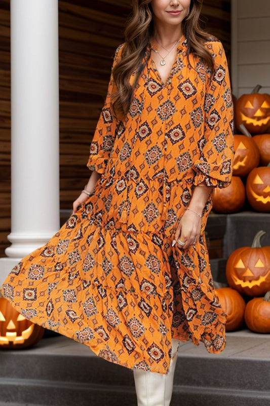 Frill Printed Tie Neck Long Sleeve Dress - Classique Collection