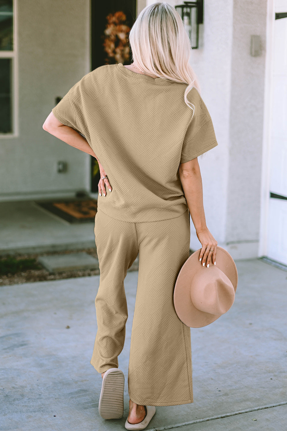 Double Take Full Size Texture Short Sleeve Top and Pants Set - ClassiQ