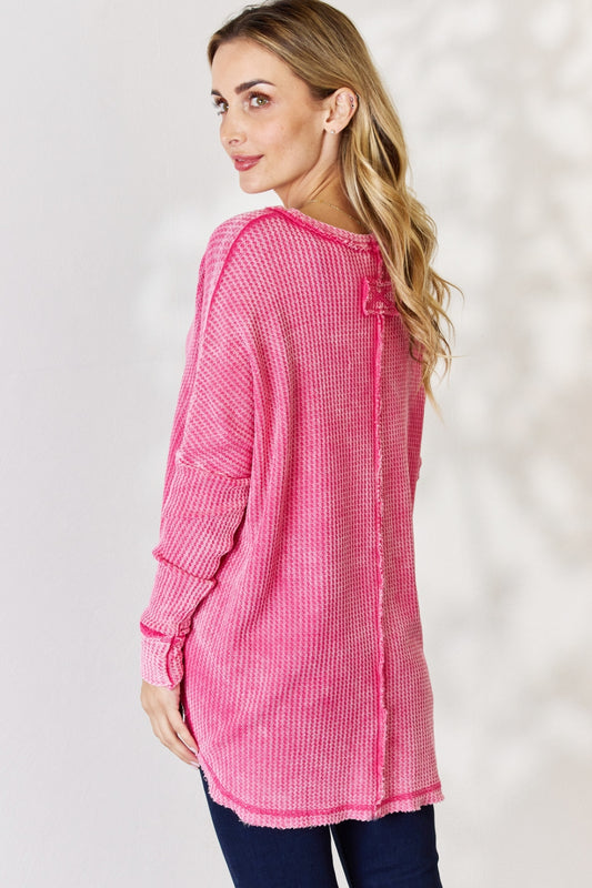 Zenana Oversized Washed Waffle Long Sleeve Top - Classique Collection