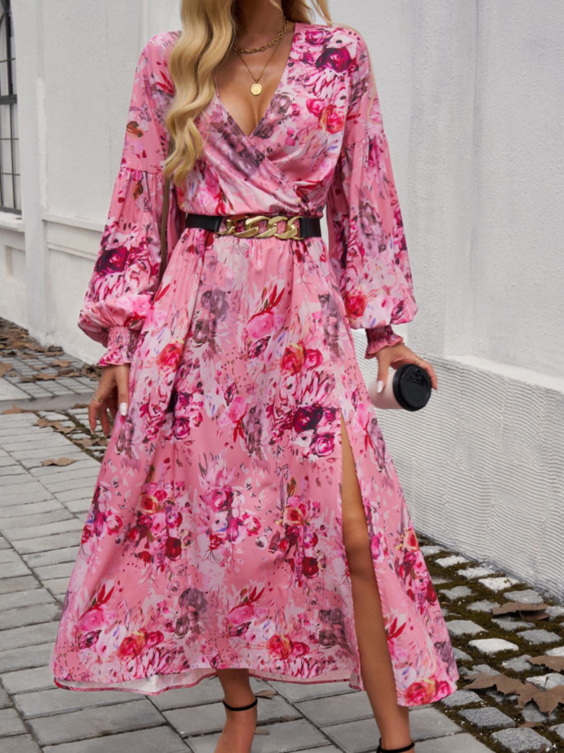 Devine Split Printed Surplice Long Sleeve Midi Dress - Classique Collection