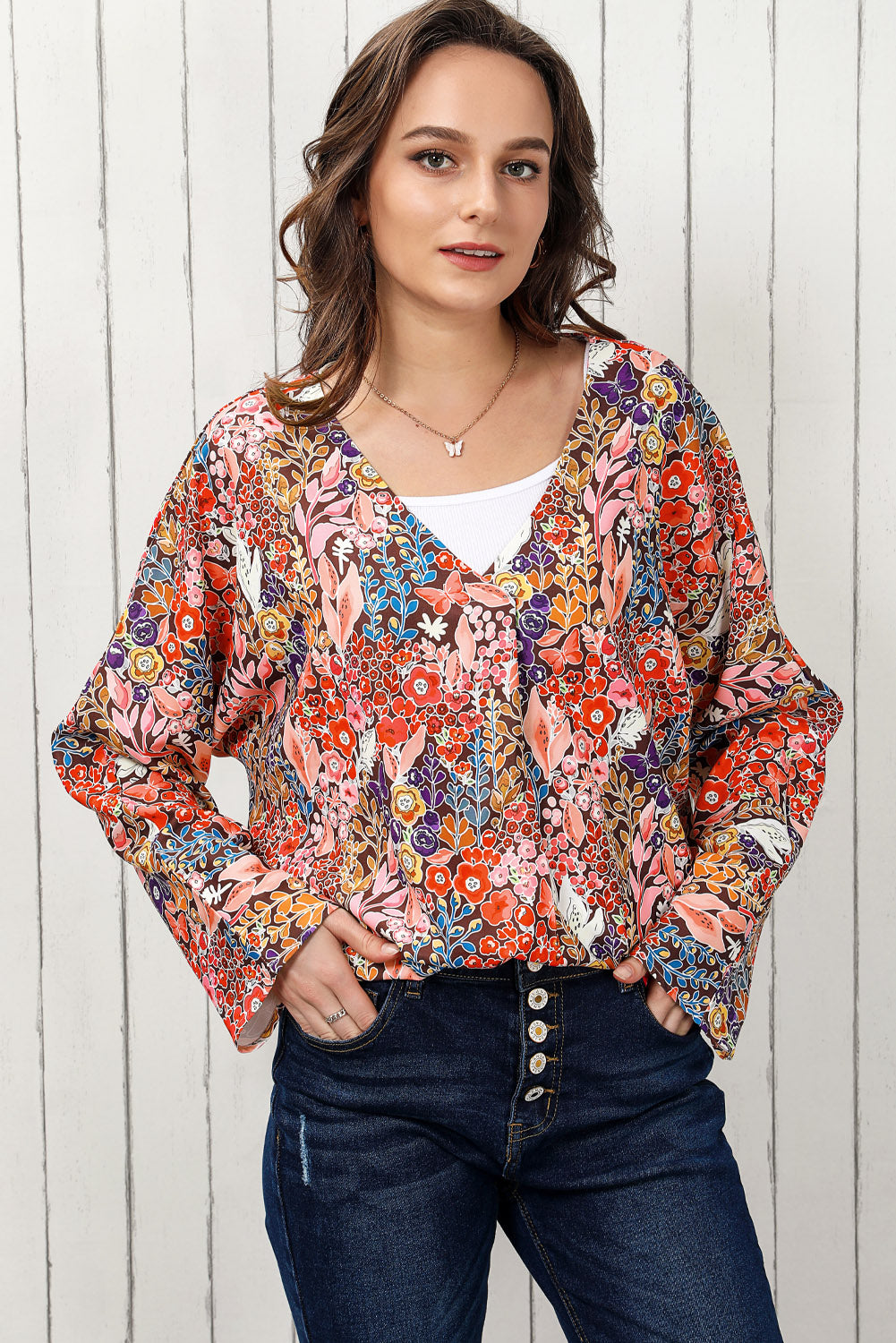 Floral V-Neck Long Sleeve Blouse - Classique Collection