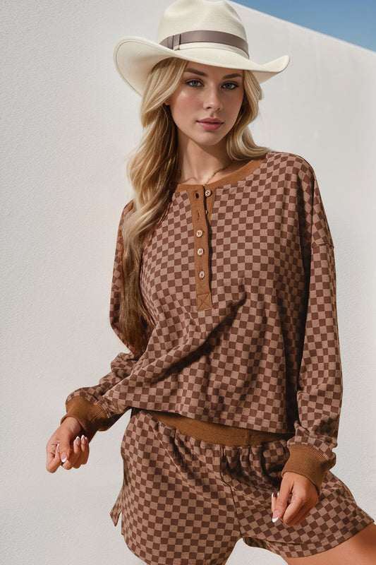 Double Take Checkered Half Button Top and Shorts Set - ClassiQ