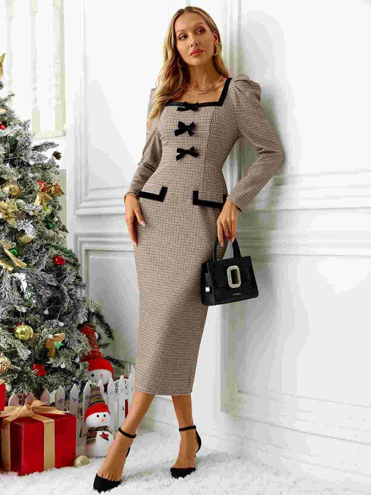 Bow Plaid Square Neck Puff Sleeve Dress - Classique Collection