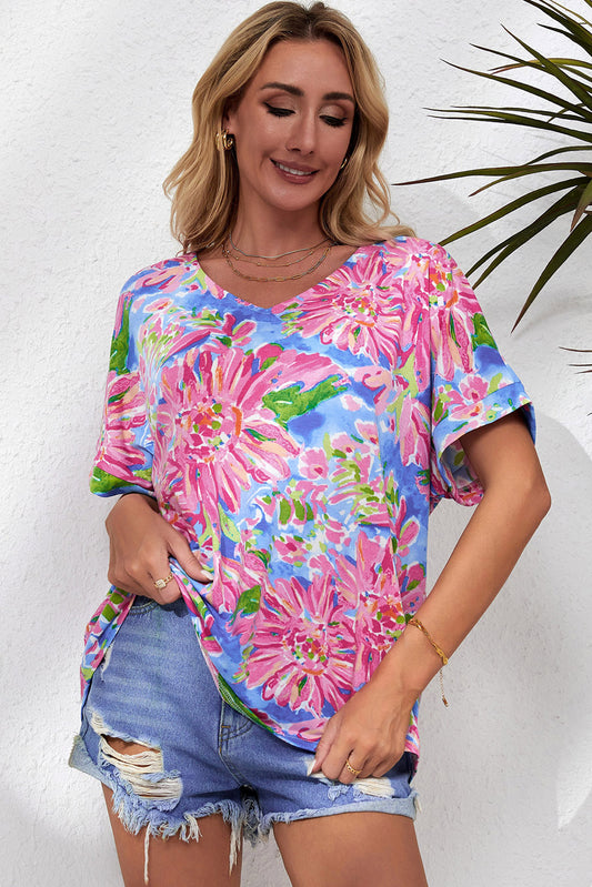 Floral V-Neck Short Sleeve Blouse - Classique Collection