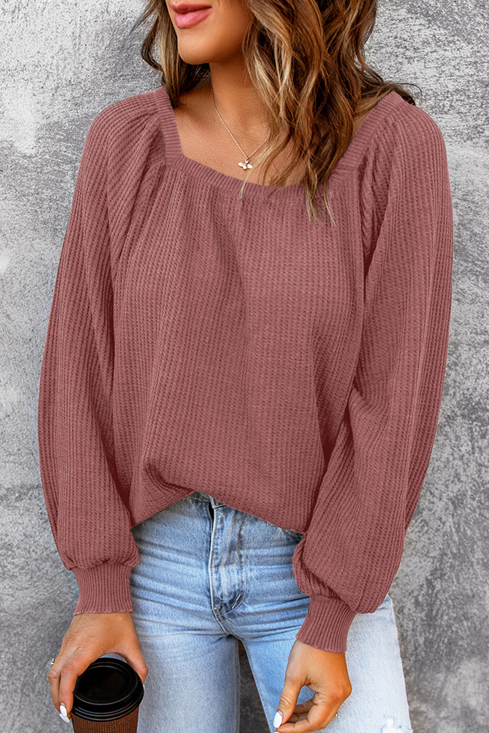 Square Neck Waffle-Knit Top - Classique Collection