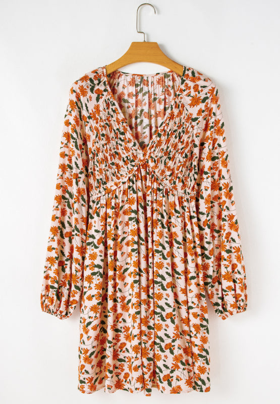 Smocked Printed V-Neck Long Sleeve Dress - Classique Collection