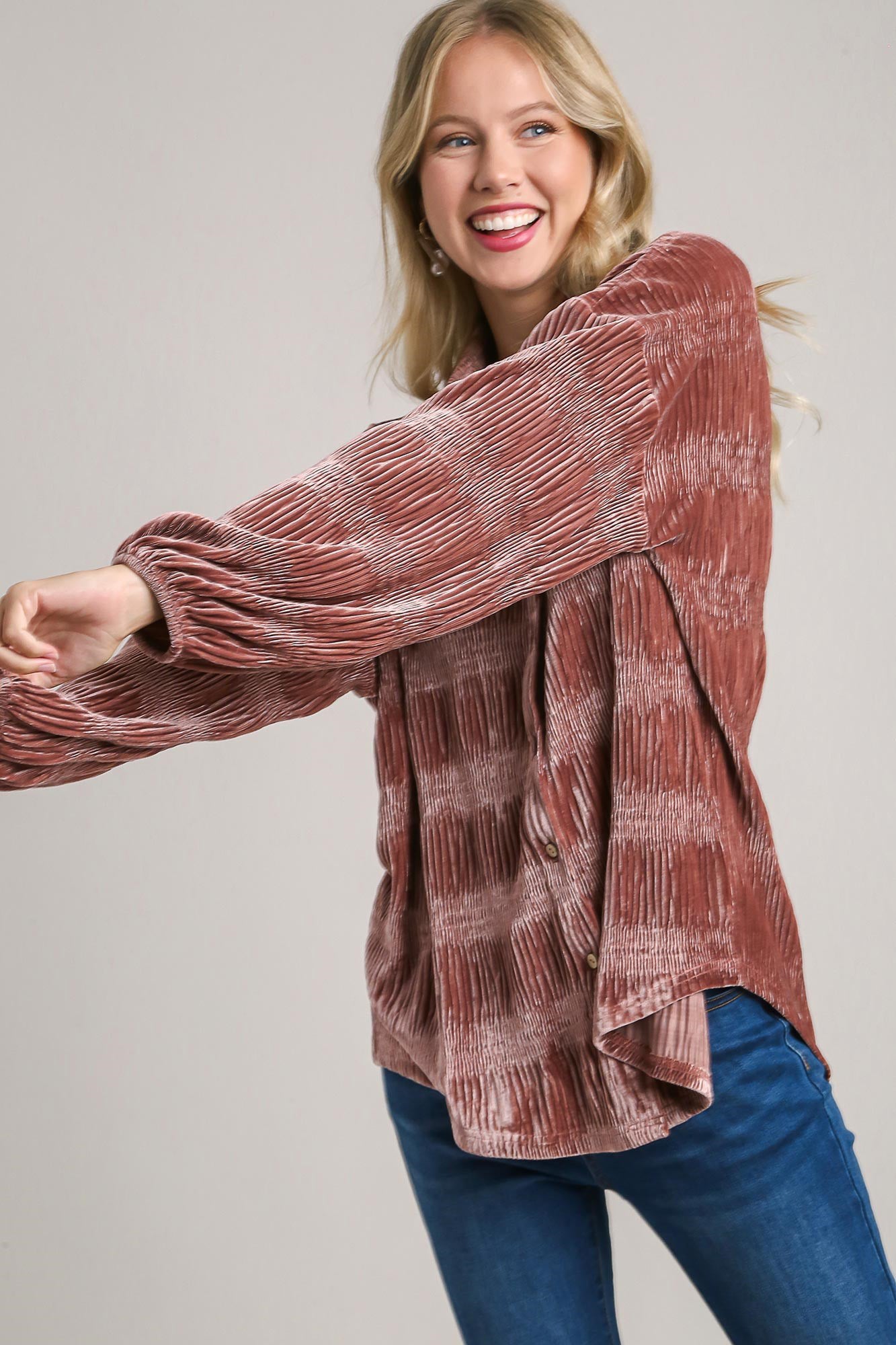 Umgee Ruched Tiered Button Up Shirt - Classique Collection