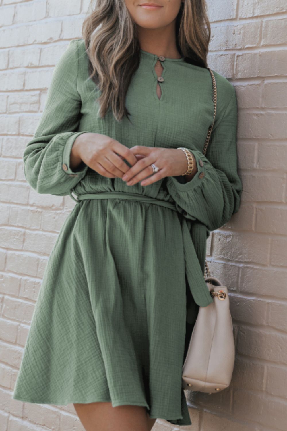 Round Neck Long Sleeve Tie Waist Dress - Classique Collection
