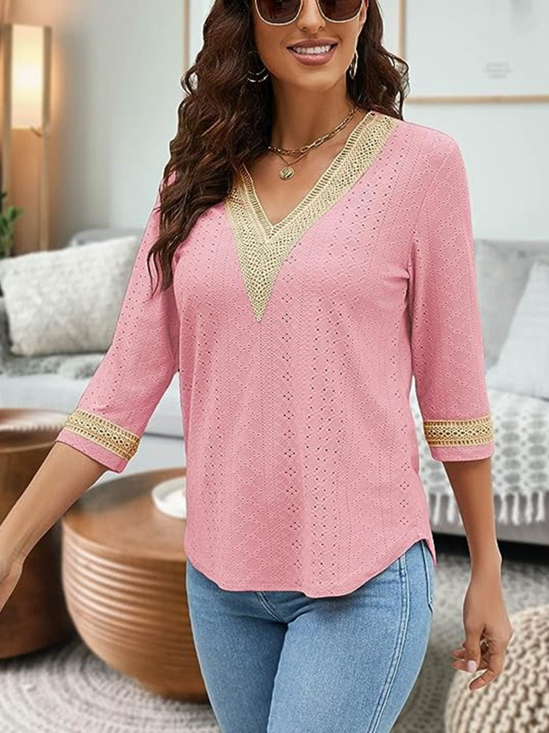 V-Neck Eyelet Blouse - Classique Collection