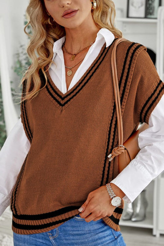 Striped Trim V-Neck Sweater Vest - ClassiQ