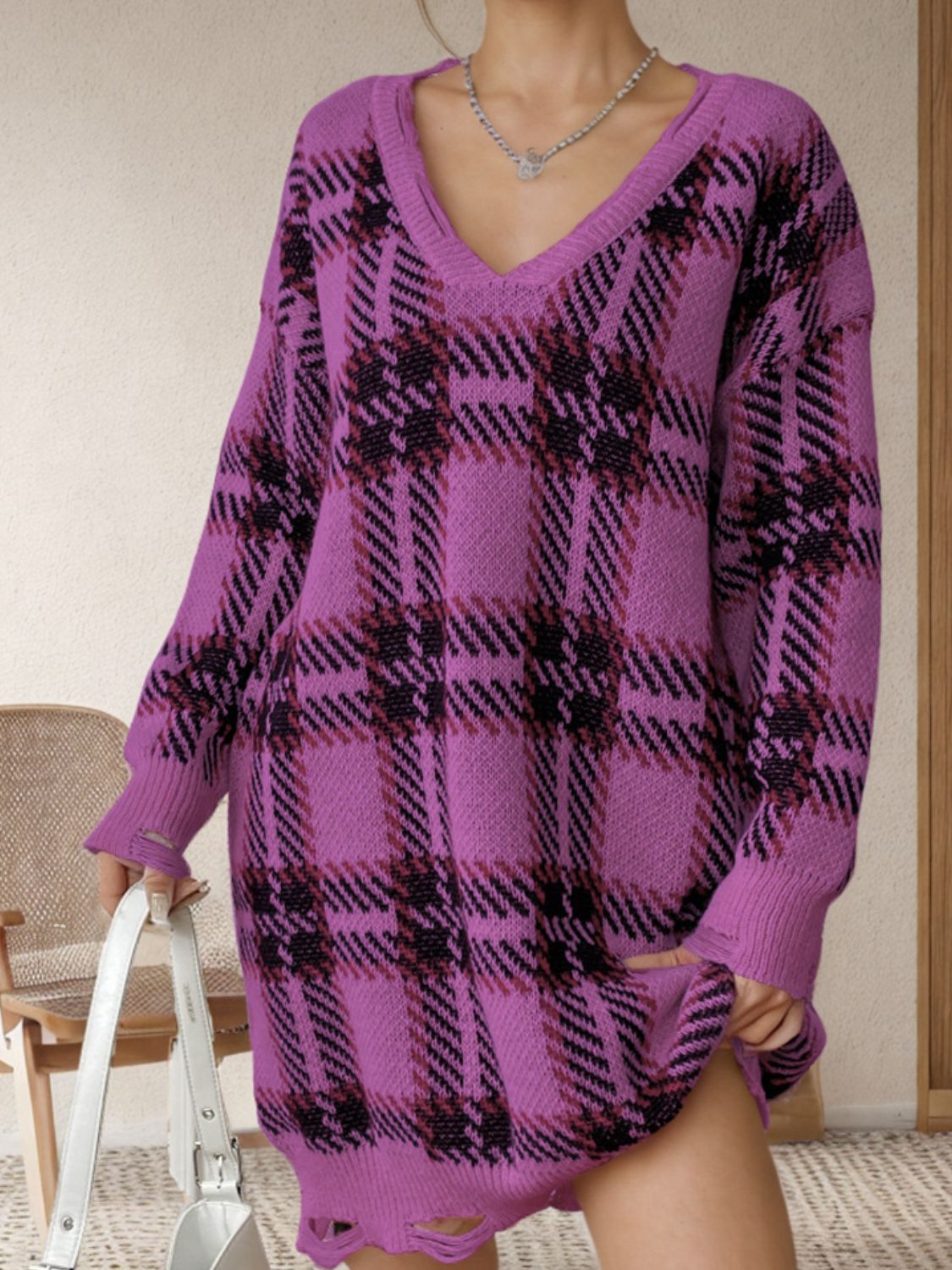 Distressed Plaid V-Neck Long Sleeve Sweater Dress - Classique Collection